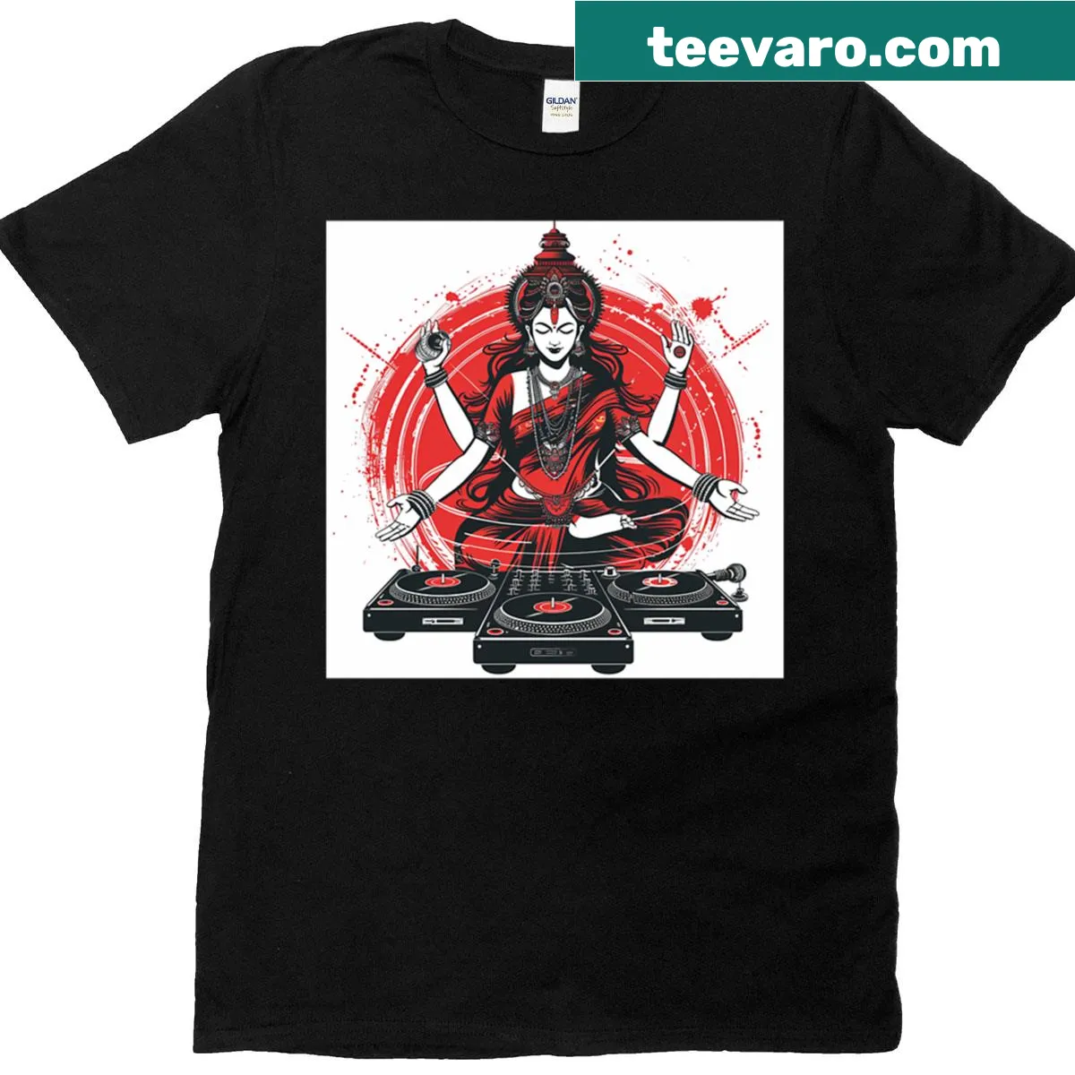 Modern art of Goddess Saraswati as a DJ on a t-shirt — on a men's t-shirt