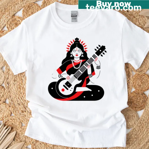 Goddess Saraswati playing guitar graphic on T-shirt