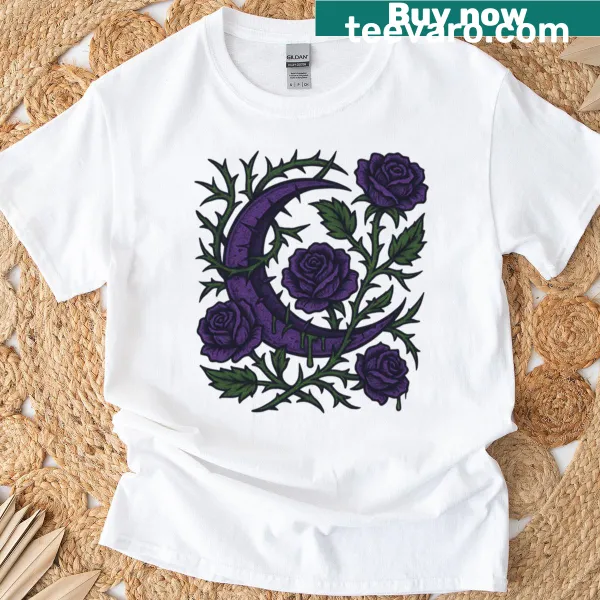 Gothic T-shirt featuring a crescent moon and thorned roses design.