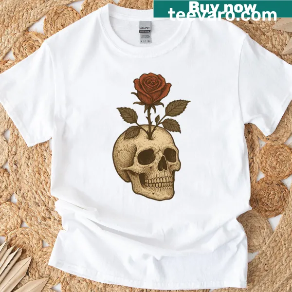 Gothic design of a rose growing from a skull on a t-shirt