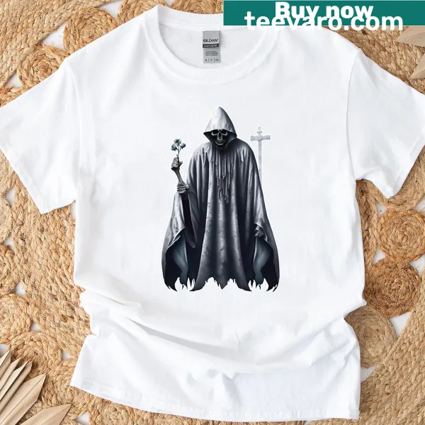 Grim Reaper graphic holding dead flowers on T-shirt