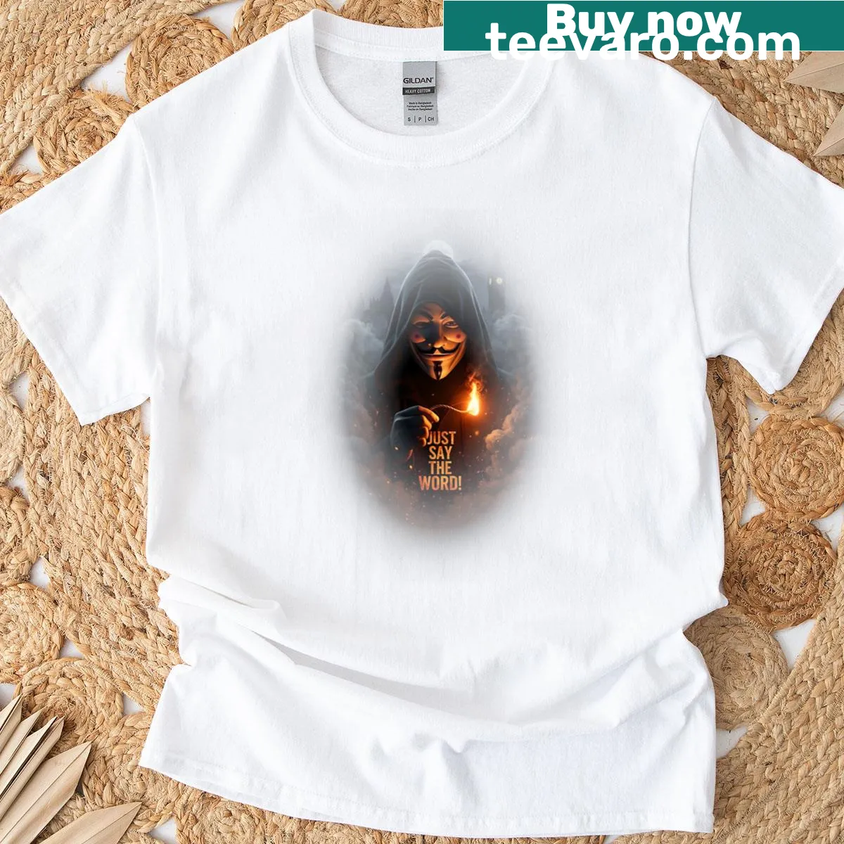 Iconic Guy Fawkes design T-shirt representing rebellion and history. — on a men's t-shirt
