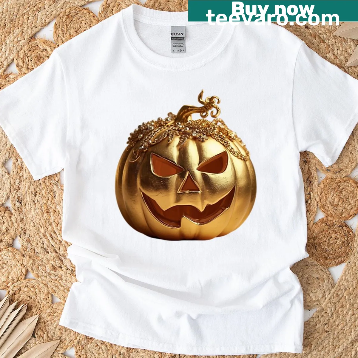 Funny Halloween T-shirt featuring a gold pumpkin design — on a men's t-shirt