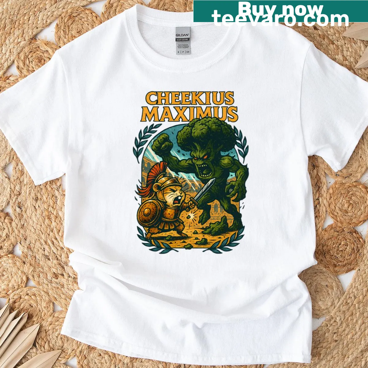 Funny hamster gladiator graphic battling broccoli — on a men's t-shirt