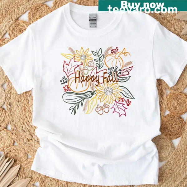 Autumn-themed T-shirt featuring pumpkins, acorns, and flowers.