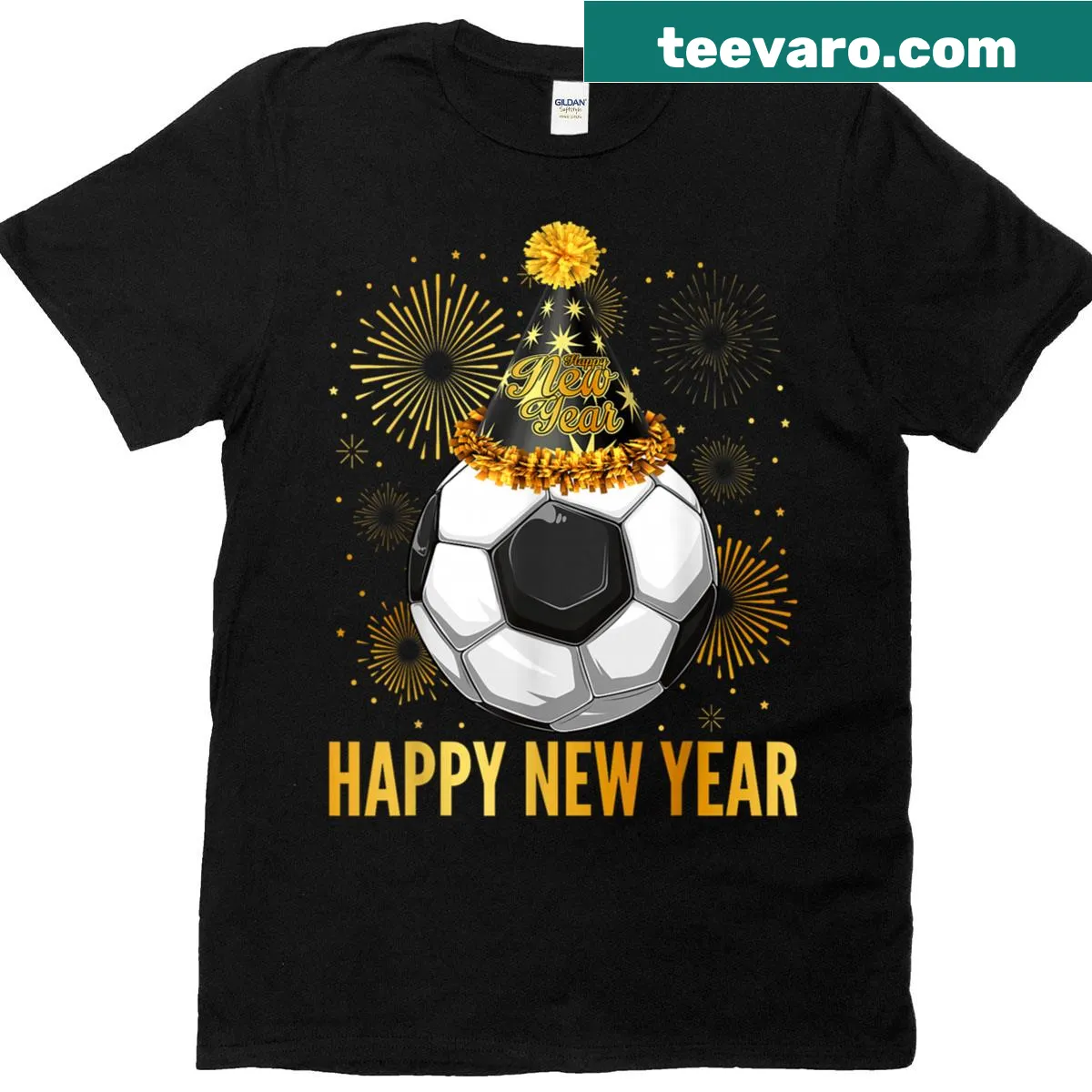 New Year 2026 t-shirt with soccer theme and party hat — on a men's t-shirt