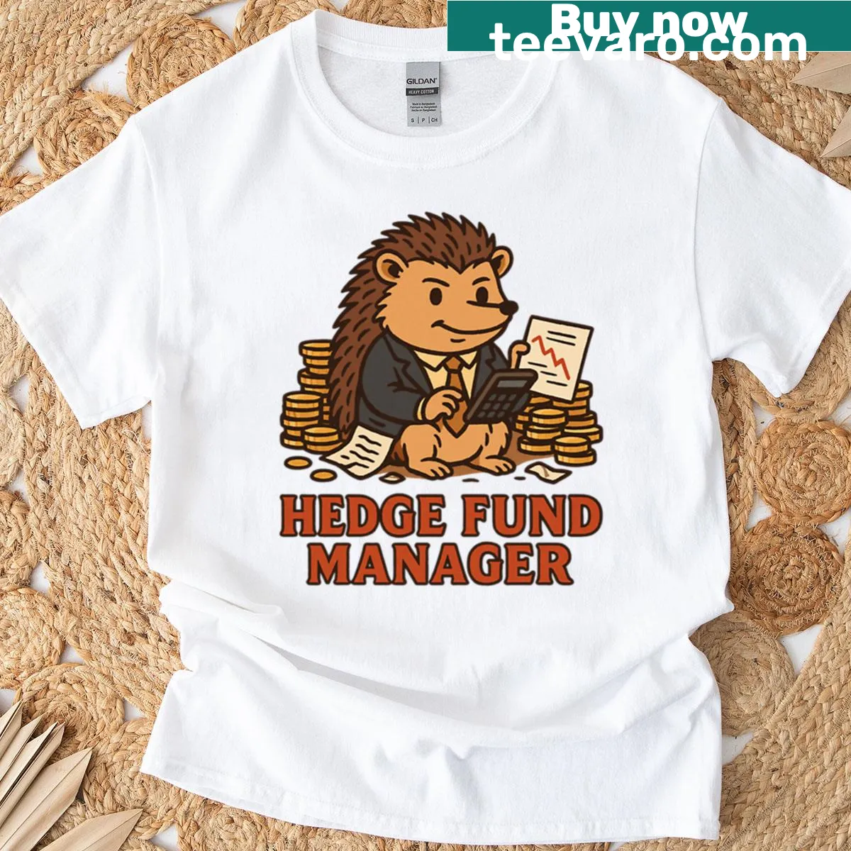 Funny oversized t-shirt with retro hedgehog and finance theme — on a men's t-shirt