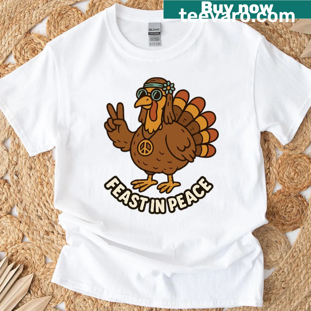 Hippy-style turkey illustration promoting peace for Thanksgiving — on a men's t-shirt