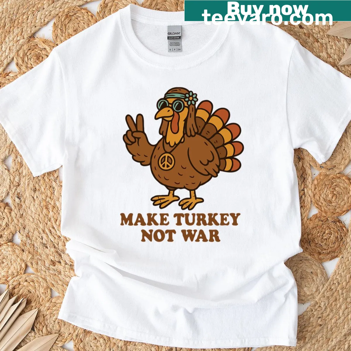 Funny hippy turkey graphic with a peace message for Thanksgiving — on a men's t-shirt