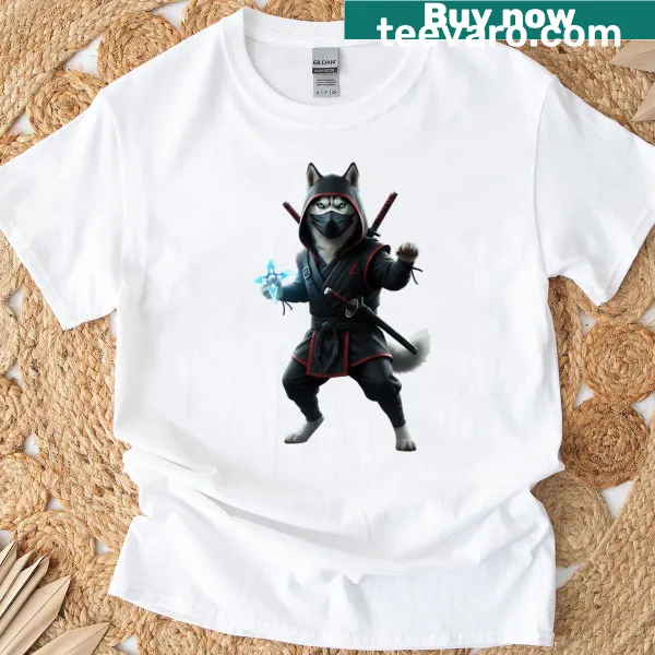 Illustration of a samurai husky dog in a ninja pose