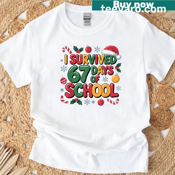 Funny Christmas T-shirt for kids with the phrase 'I Survived 67 Days Of School.'