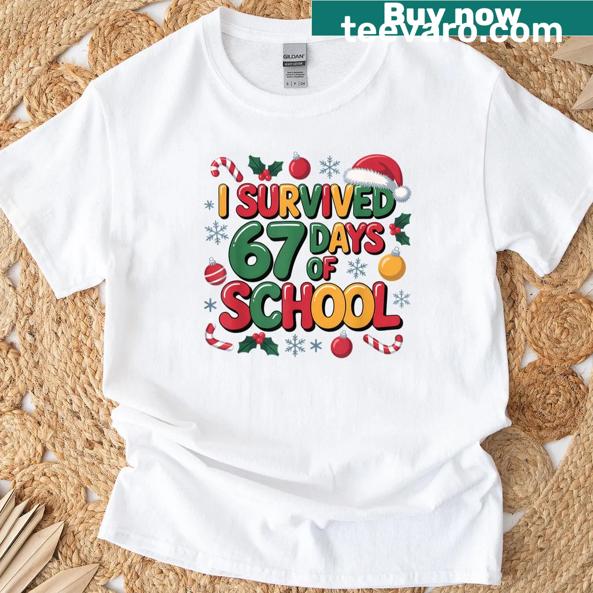 Funny Christmas T-shirt for kids with the phrase 'I Survived 67 Days Of School.' — on a men's t-shirt