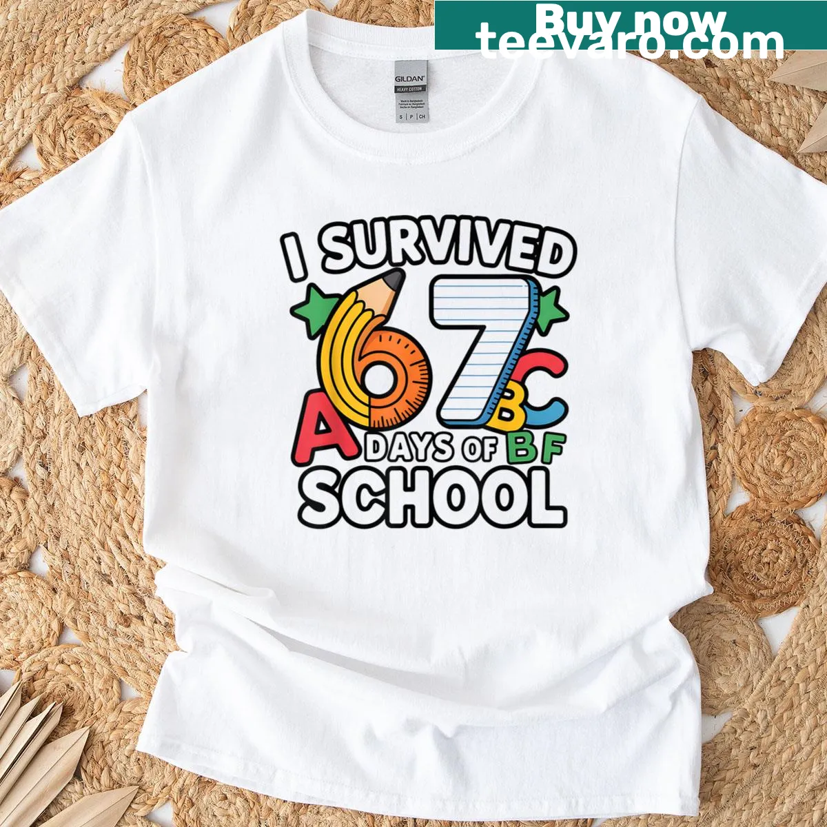 Funny back-to-school T-shirt for kids with 'I Survived 67 Days Of School' text — on a men's t-shirt