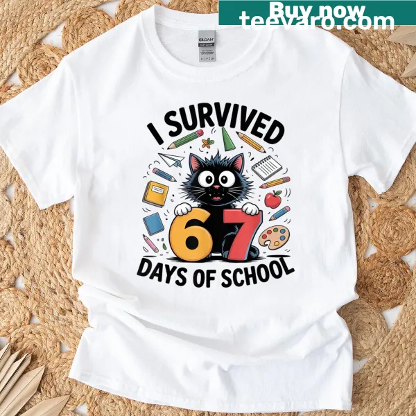 Funny meme T-shirt with 'I Survived 67 Days' text for students and teachers