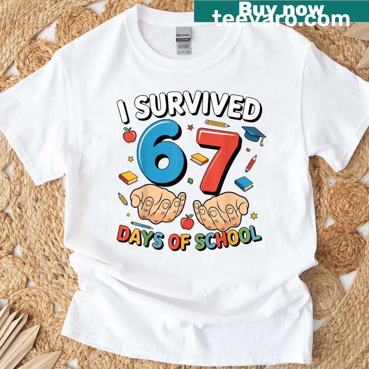 Funny kids shirt with 'I Survived 67 Days Of School' meme design — on a men's t-shirt