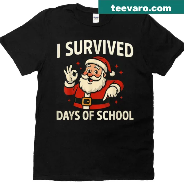 Cheerful Santa-themed T-shirt celebrating survival of school
