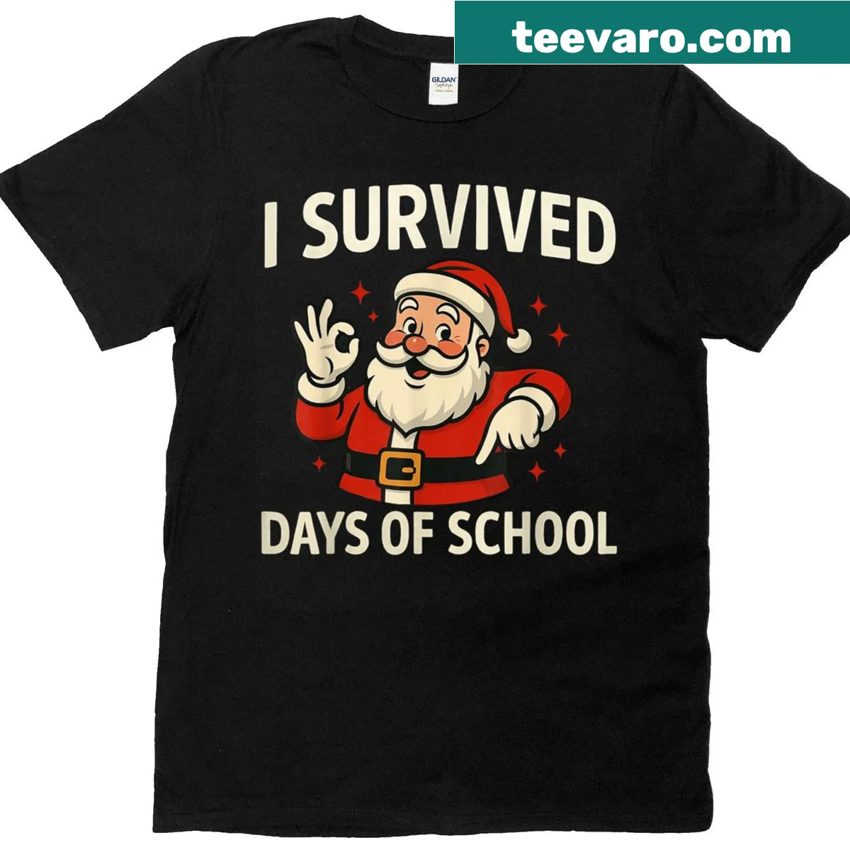 Cheerful Santa-themed T-shirt celebrating survival of school — on a men's t-shirt