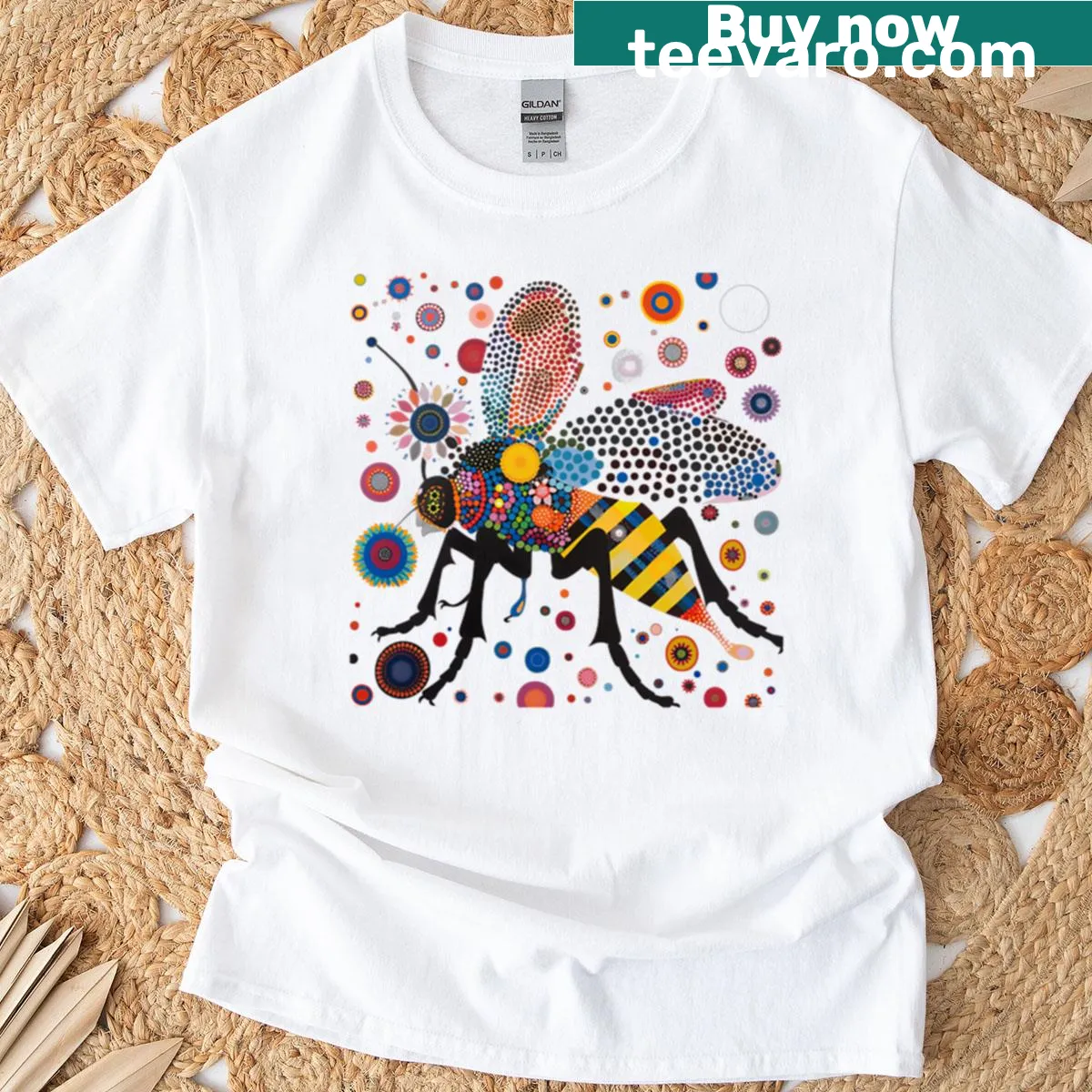 Illustrative graphic of a detailed wasp on a t-shirt — on a men's t-shirt