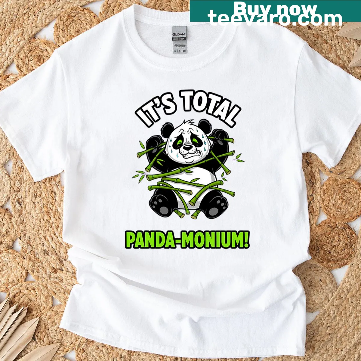 Funny T-shirt featuring a stressed cartoon panda and humorous text — on a men's t-shirt