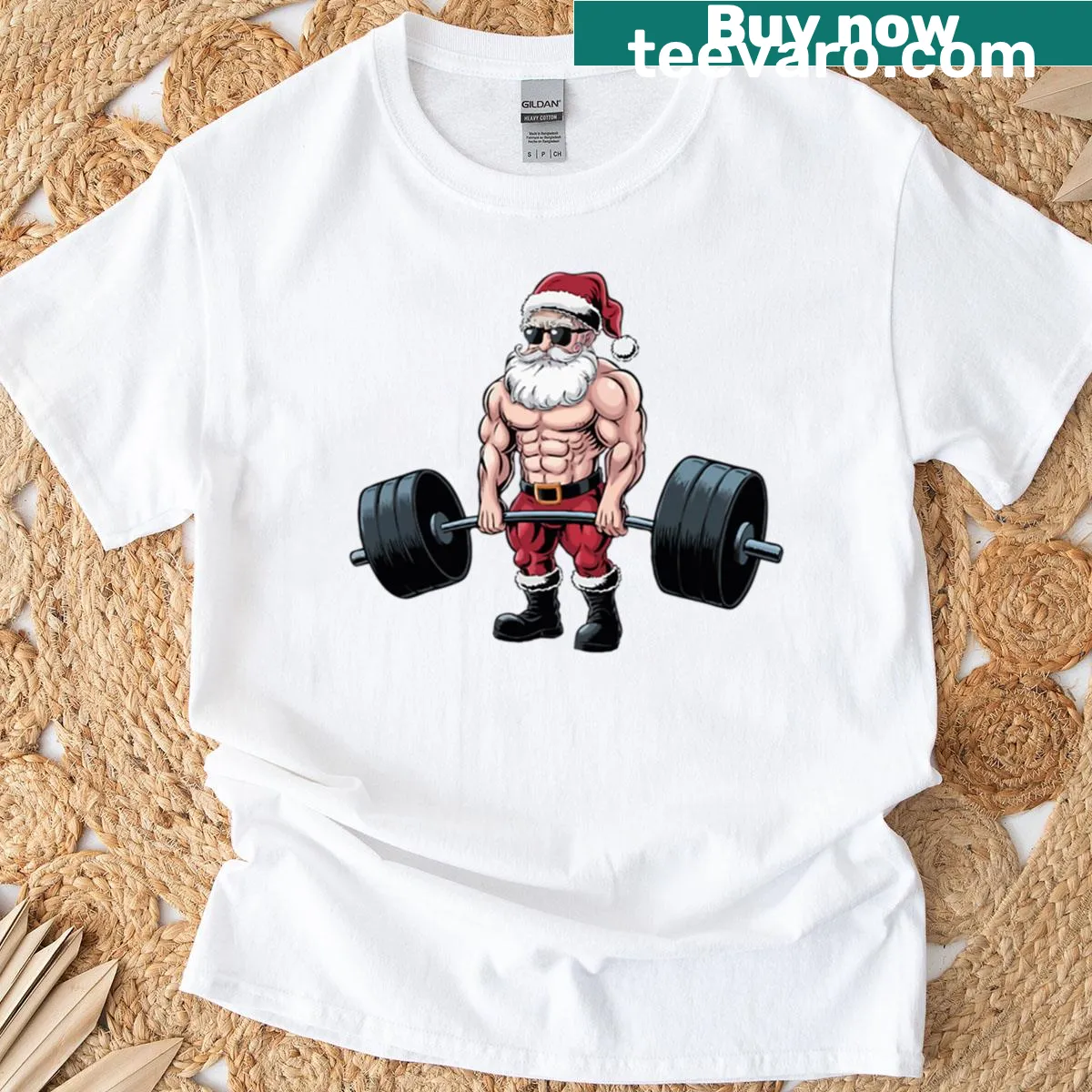Funny Christmas gym shirt with jacked Santa lifting weights — on a men's t-shirt