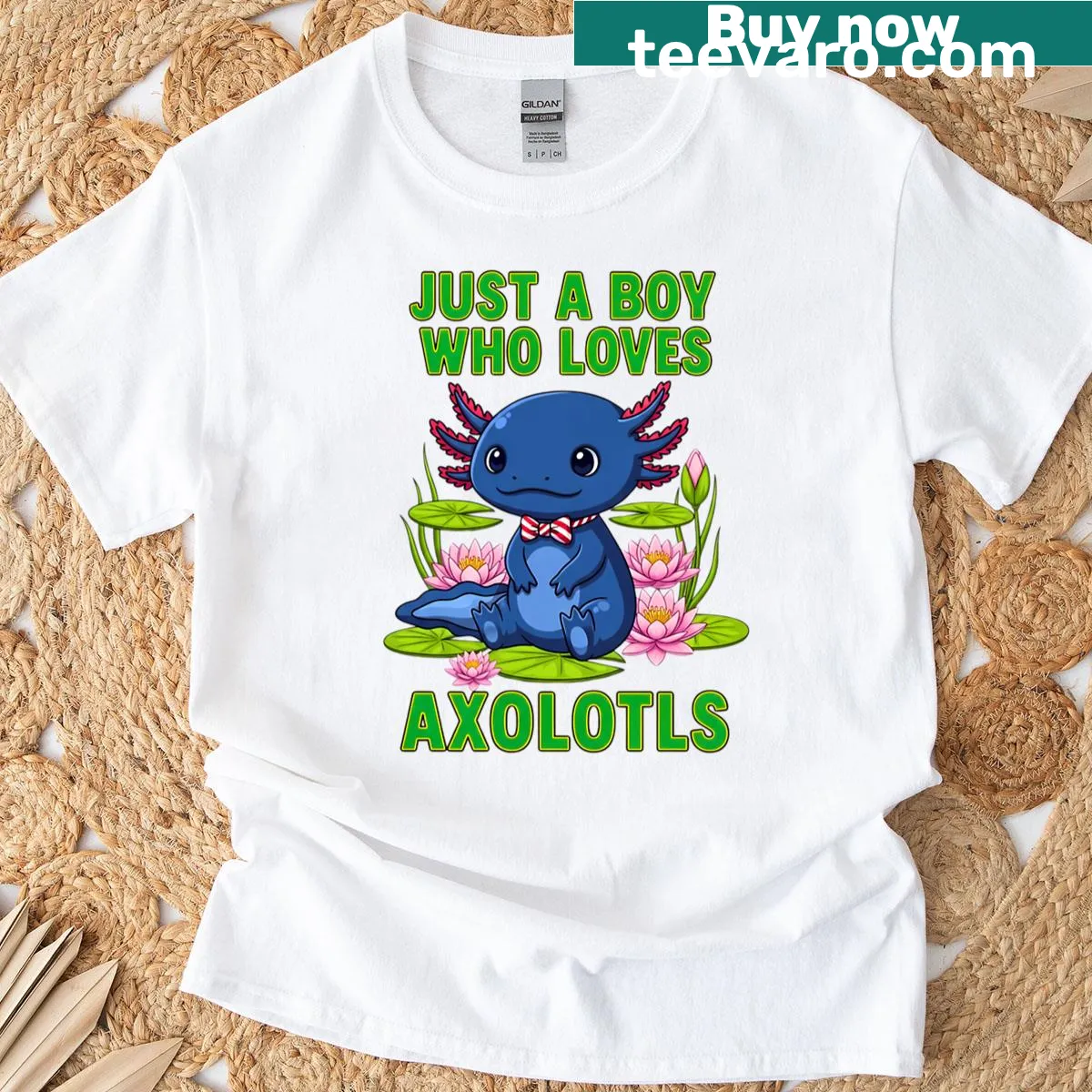 T-shirt featuring an illustration of axolotls with the phrase 'Just A Boy Who Loves Axolotls' — on a men's t-shirt