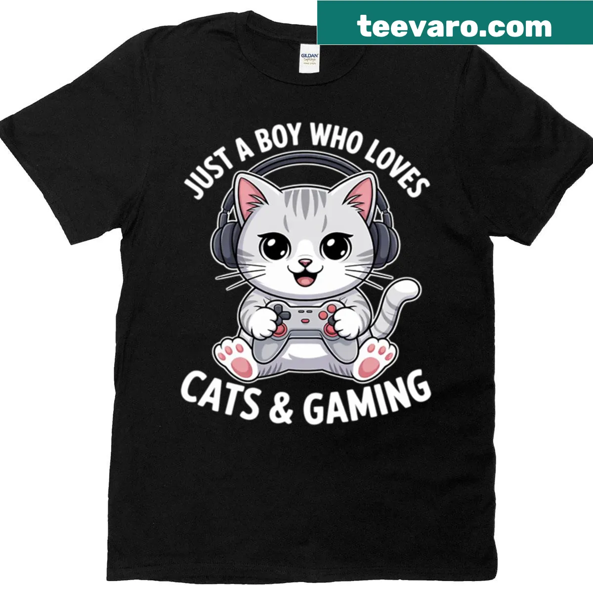 Cute illustration of a boy with cats and gaming elements on a t-shirt — on a men's t-shirt