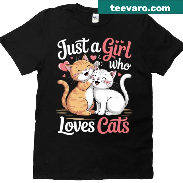 Illustrated T-shirt saying 'Just A Girl Who Loves Cats' with playful cat graphics