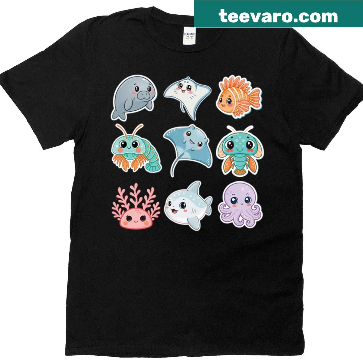 Cartoon sea life animals T-shirt featuring a variety of cute designs — on a men's t-shirt