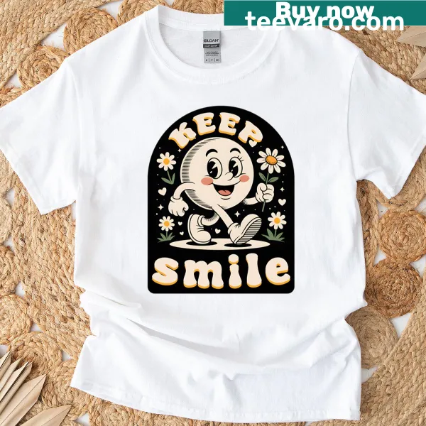 Retro happy face mascot with daisy design on a t-shirt