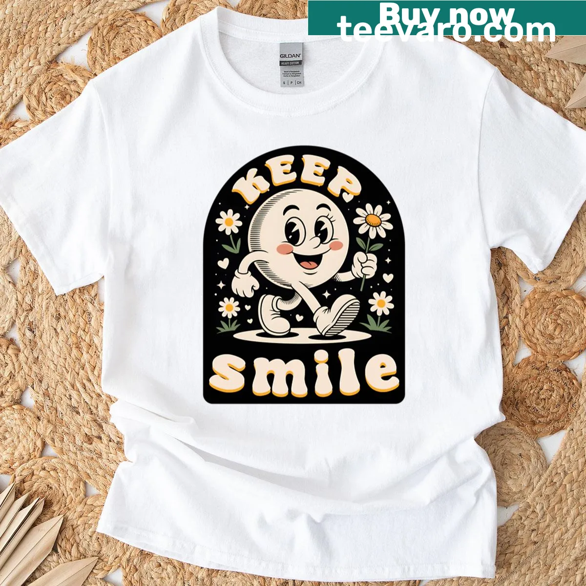 Retro happy face mascot with daisy design on a t-shirt — on a men's t-shirt