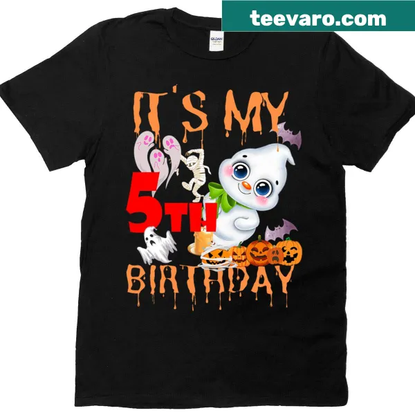 T-shirt with a fun Halloween ghost and pumpkin design for 5-year-olds.