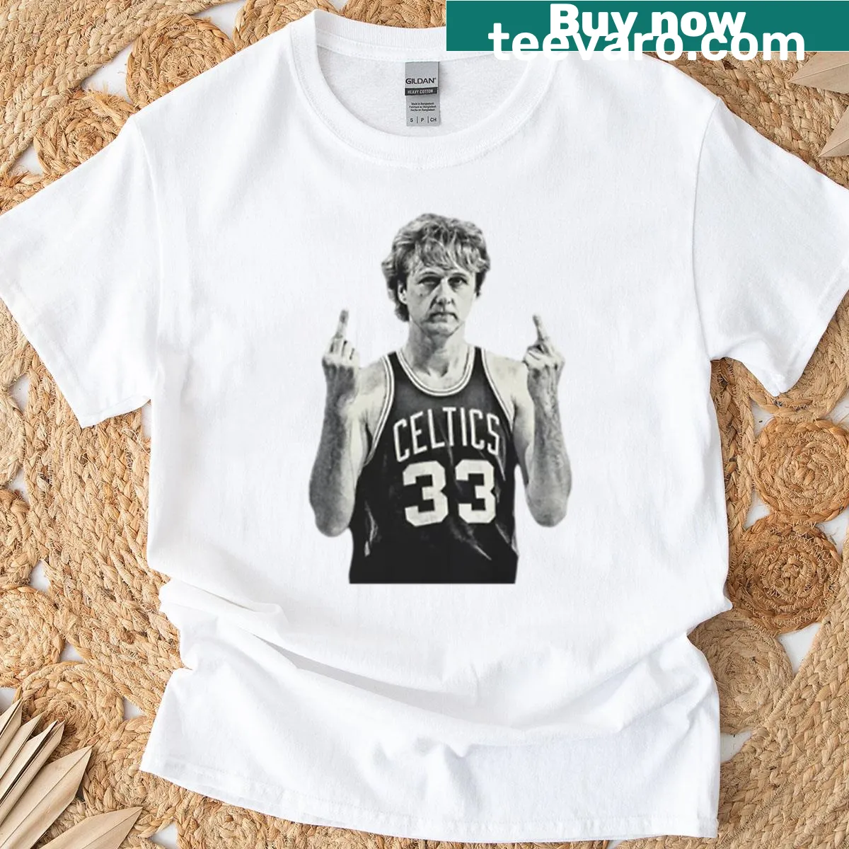 Basketball t-shirt with Larry Bird giving a middle finger gesture — on a men's t-shirt