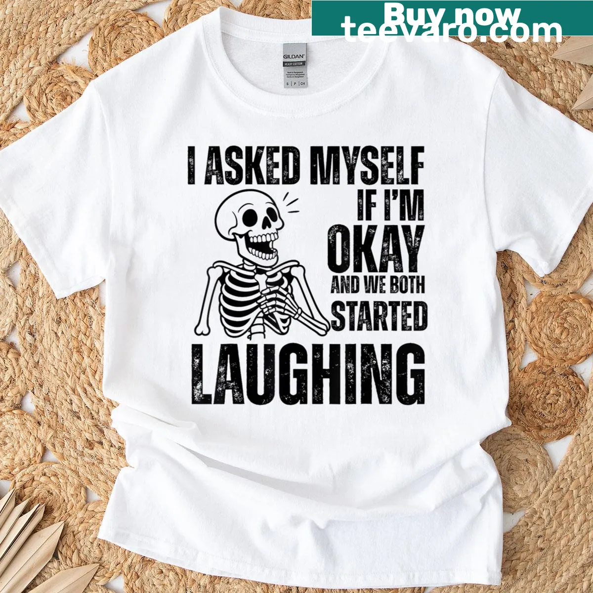 Funny Halloween T-shirt with a laughing skeleton design. — on a men's t-shirt
