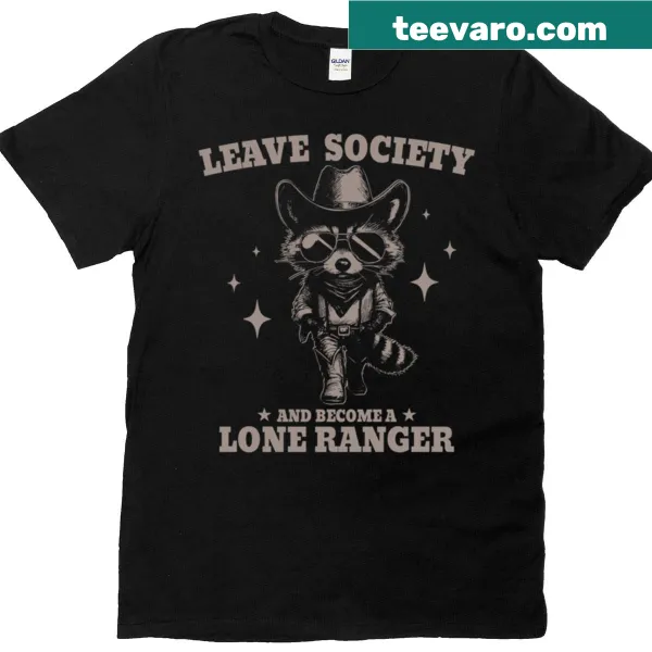 Retro T-shirt with a cowboy raccoon graphic and the phrase 'Leave Society'