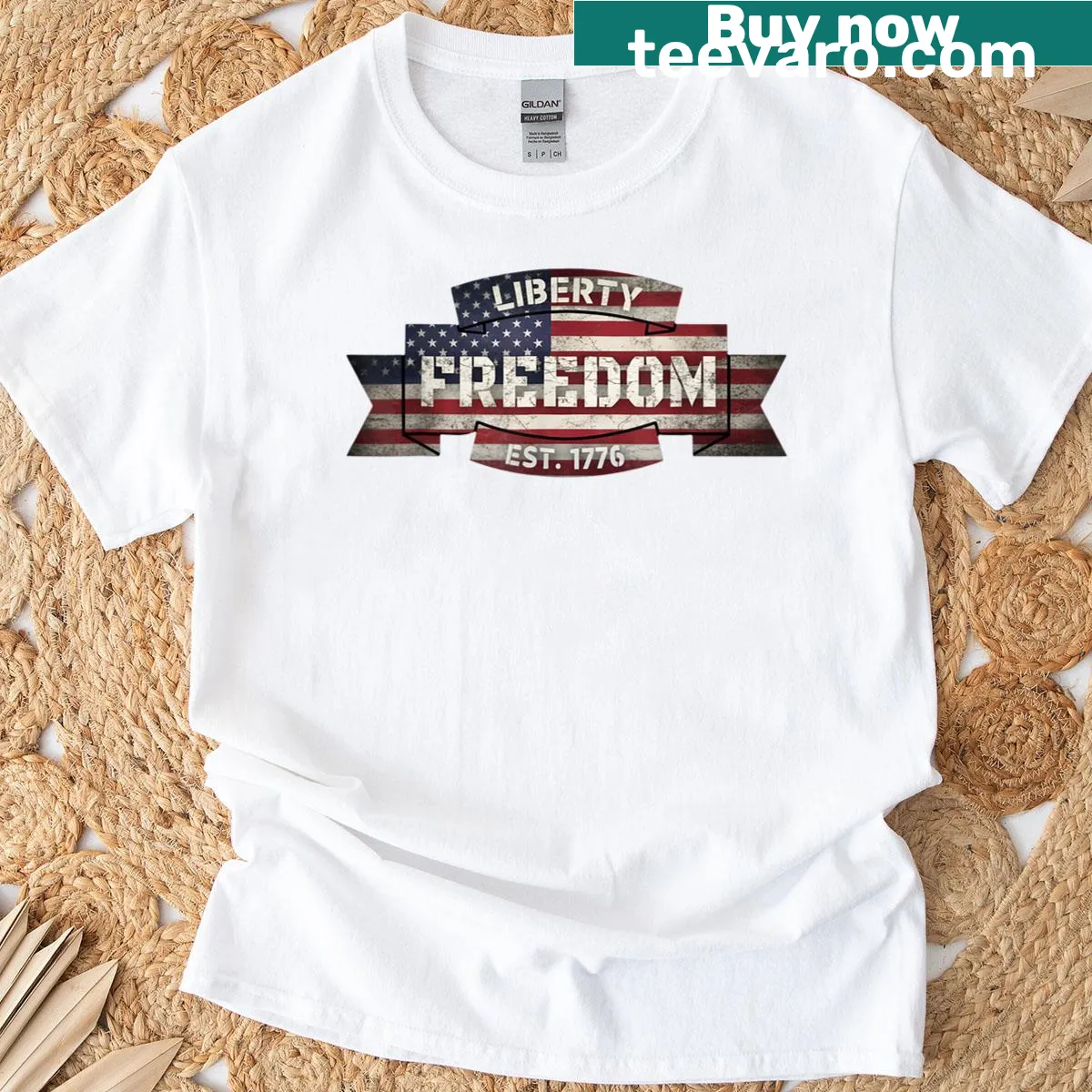 Distressed USA flag t-shirt honoring freedom established in 1776. — on a men's t-shirt