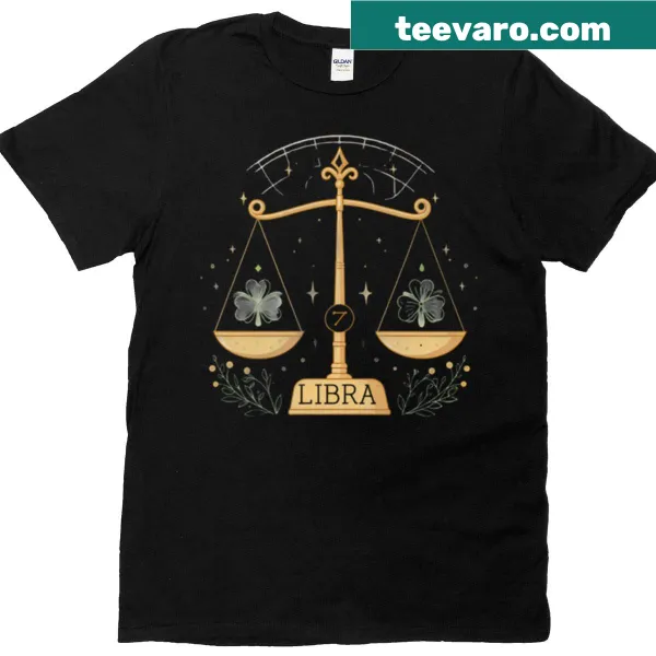 Zodiac-themed t-shirt featuring Libra sign and 2026 lucky symbols.