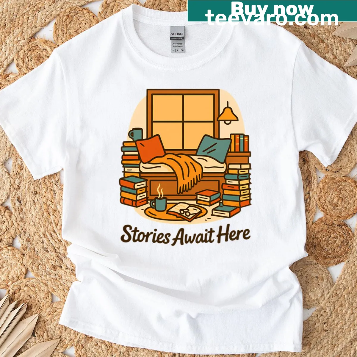 Graphic T-shirt featuring a cozy reading nook with books — on a men's t-shirt