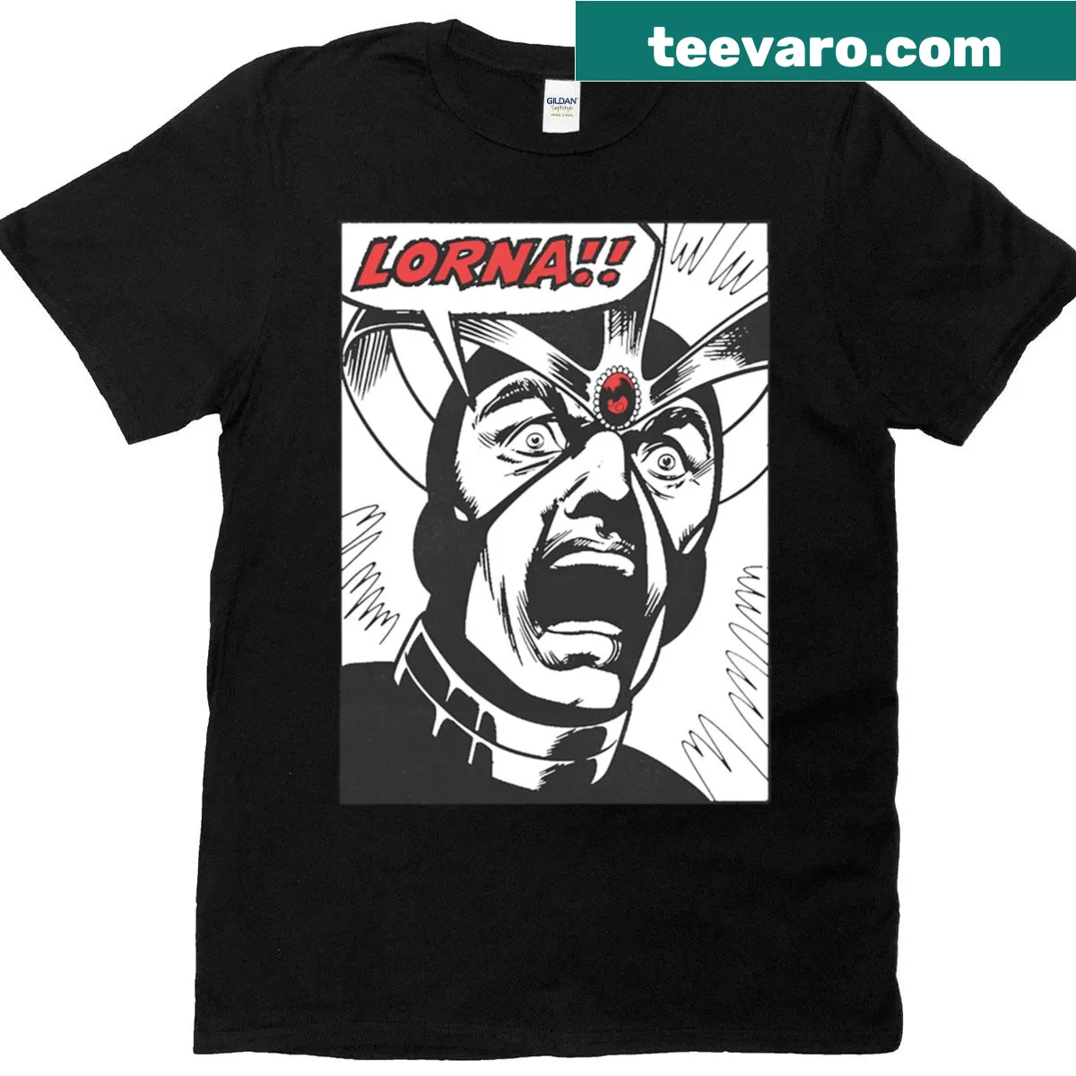 T-shirt featuring a bold illustration inspired by Lorna Havok — on a men's t-shirt