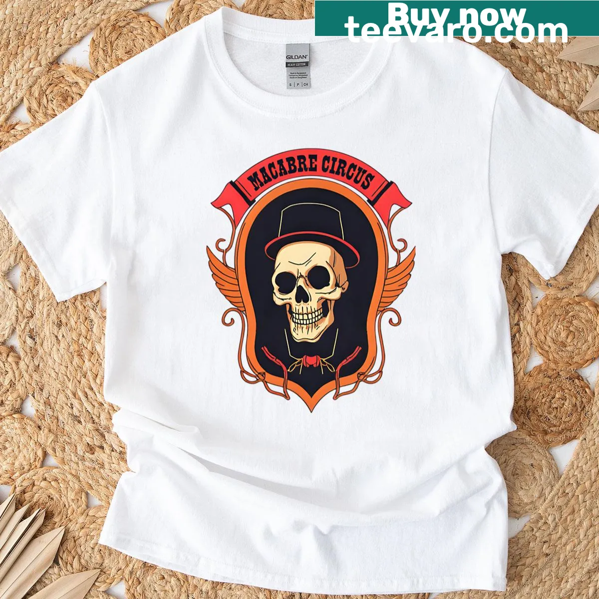 Vintage-style T-shirt featuring a macabre circus poster design — on a men's t-shirt