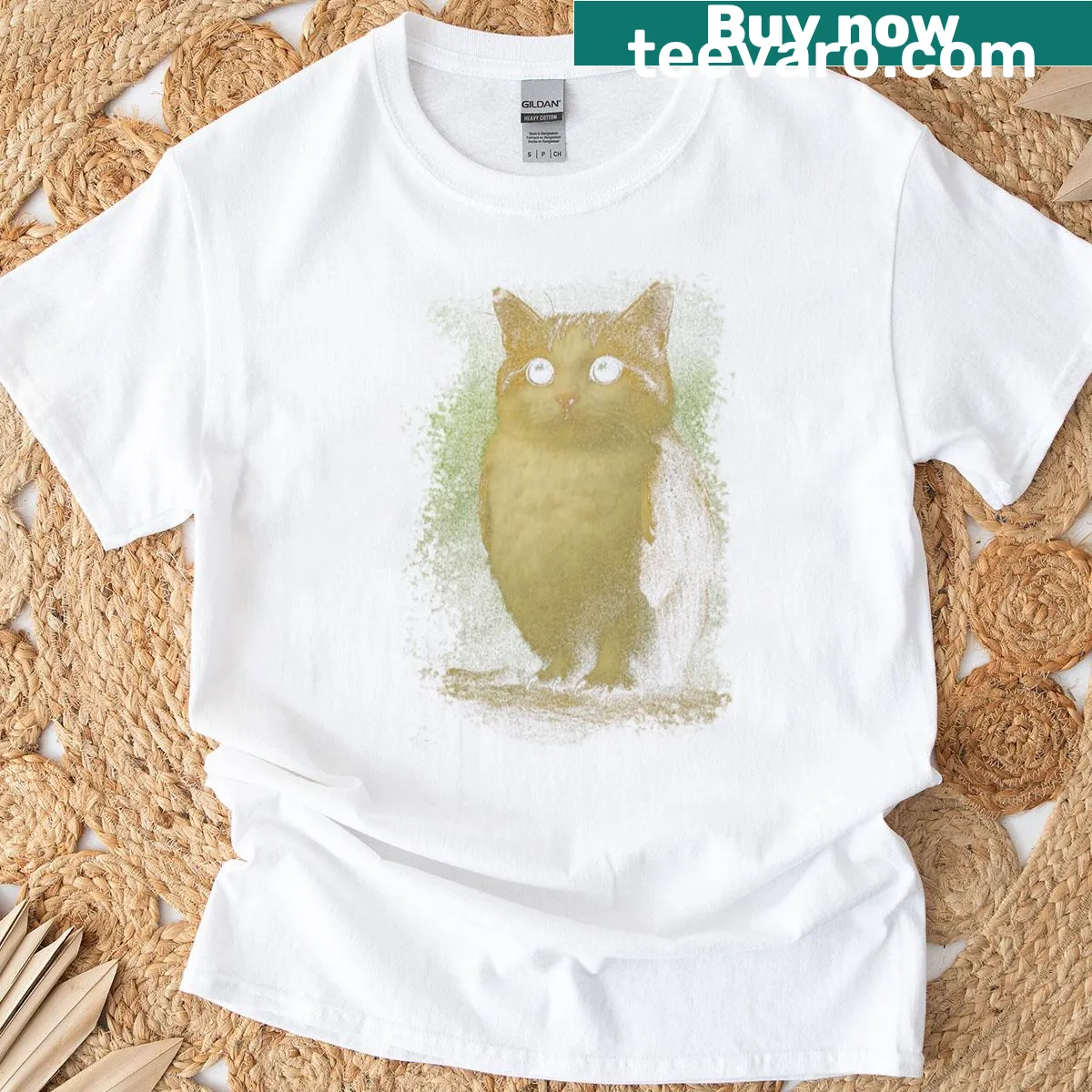 Vintage-style T-shirt featuring a funny cat and owl meme design — on a men's t-shirt