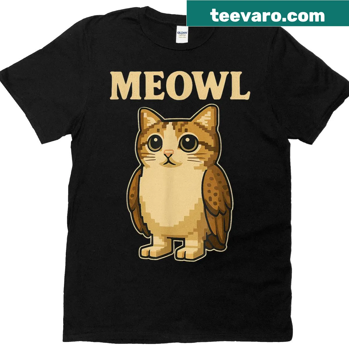 Funny cartoon cat-owl graphic t-shirt for teens — on a men's t-shirt