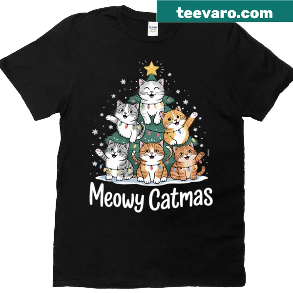 Christmas Cat t-shirt featuring a cat-themed Christmas tree design