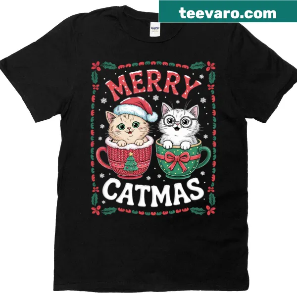 Cute Christmas T-shirt with cat and reindeer graphic