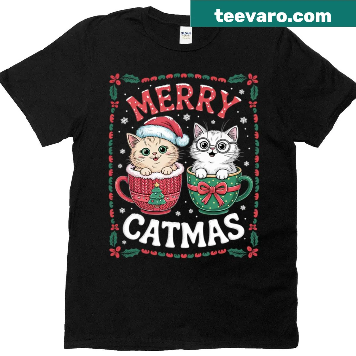 Cute Christmas T-shirt with cat and reindeer graphic — on a men's t-shirt