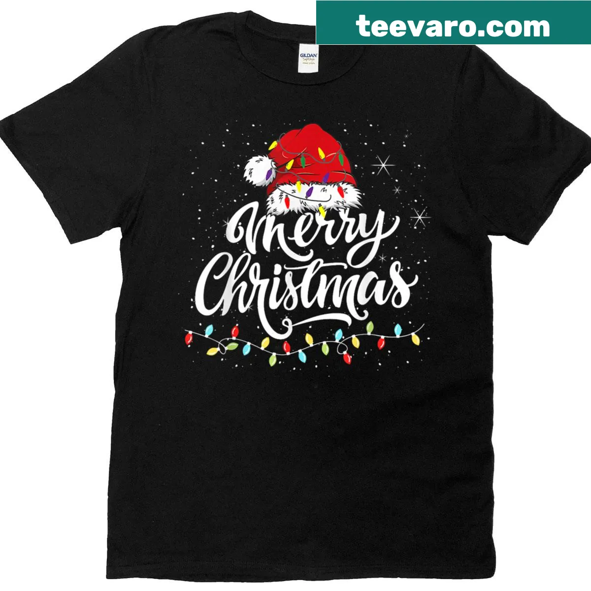 Merry Christmas t-shirt with Santa hat and lights design — on a men's t-shirt