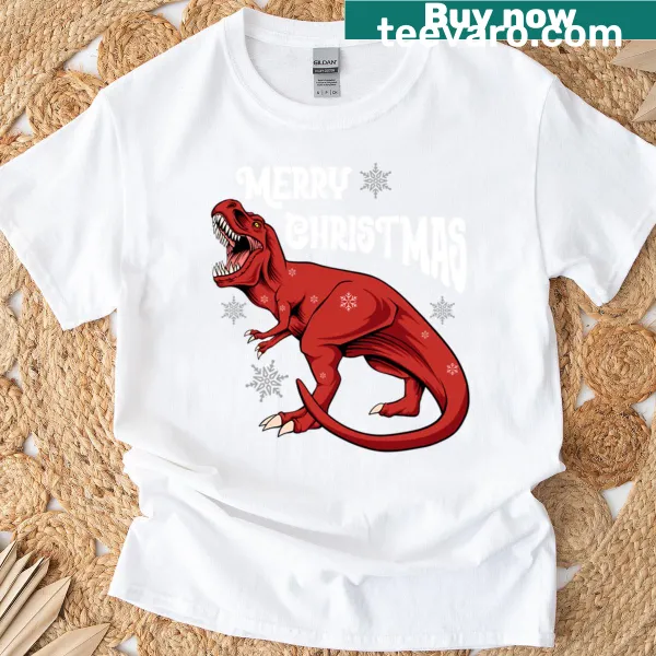 Cute Christmas T-shirt with a T-rex in a Santa hat