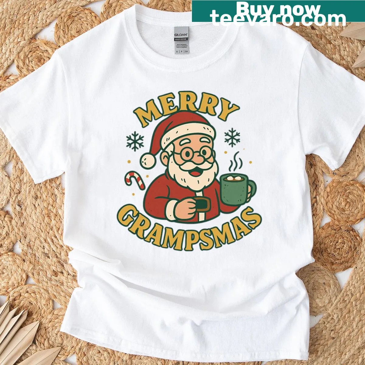Funny vintage t-shirt for grandpas with Santa and cocoa mug design — on a men's t-shirt