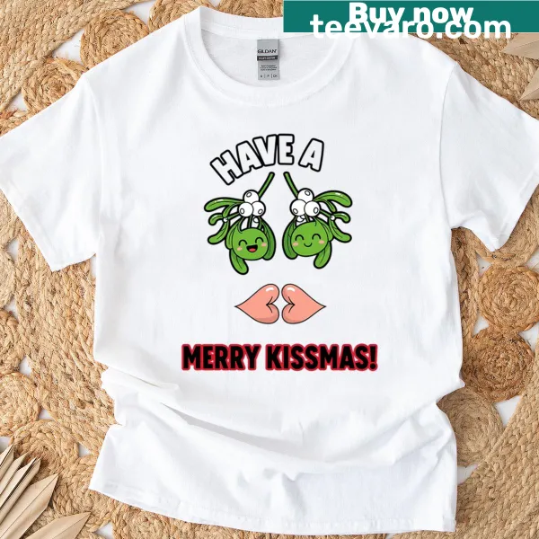 Merry Kissmas shirt featuring a mistletoe graphic for Christmas cheer