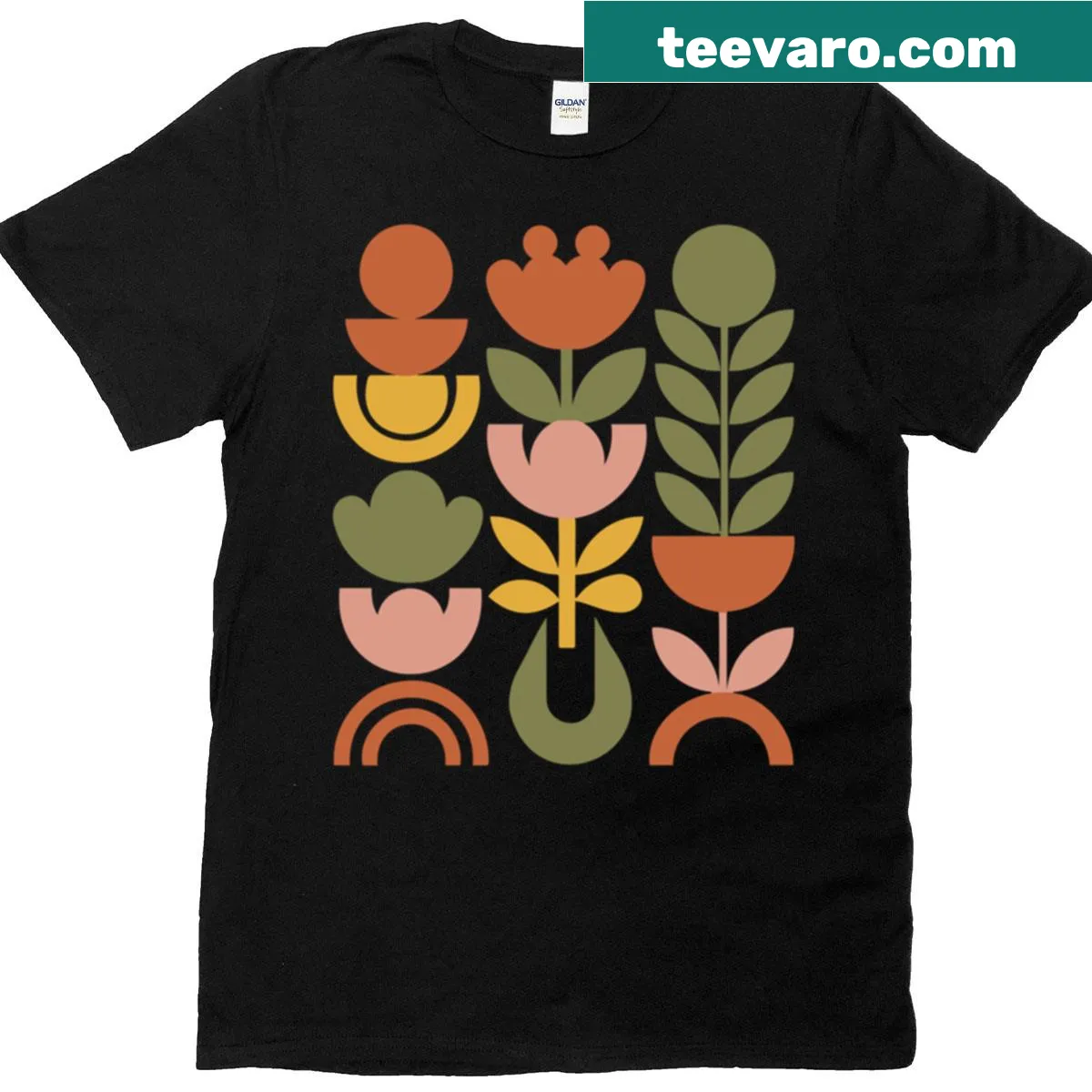 Retro floral design T-shirt with abstract geometric shapes — on a men's t-shirt