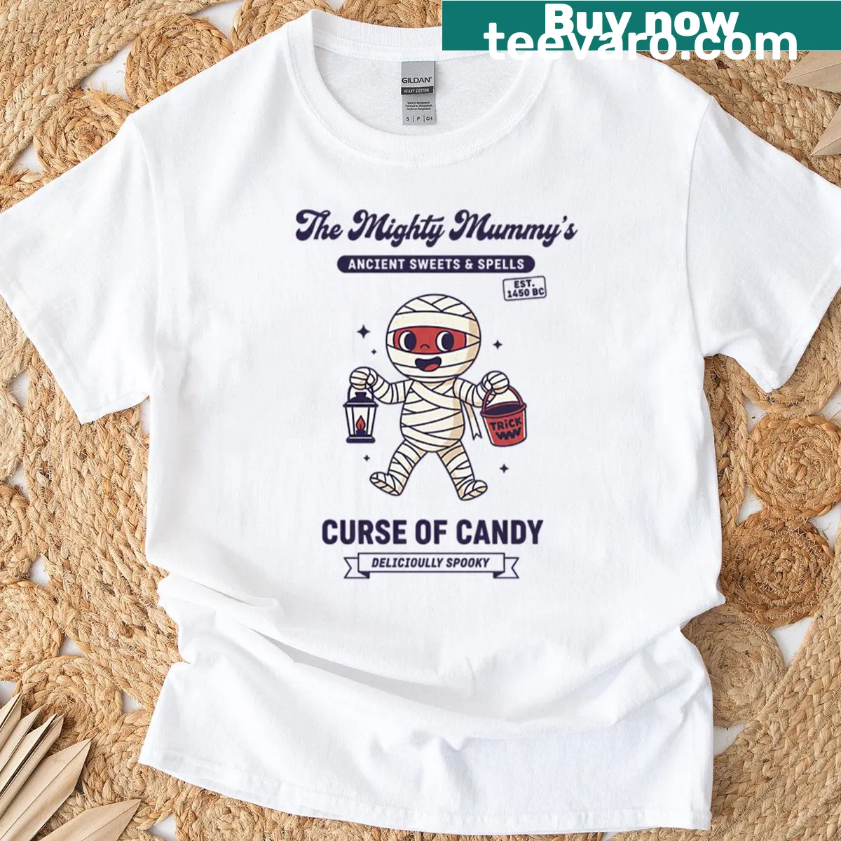 Retro Halloween tee with a humorous mummy and candy design — on a men's t-shirt